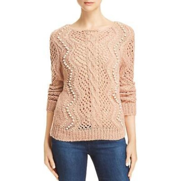 NWT AQUA OPEN KNIT EMBELLISHED LONG SLEEVE PULLOVER SWEATER  XS - Picture 1 of 4